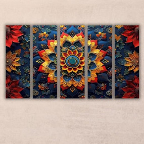 5 Panel Mandala Wall Art – 30 x 55 Inches Colorful Floral Boho Wall Art Print for Living Room, Bedroom & Office – Large Decorative Abstract Artwork with Red, Blue & Gold Tones – Ready to Hang