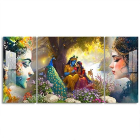 FIVE KRAFT Radha Krishna Wall Painting Set of 3 – Wall Art with Peacock & Nature for Home Decor Living Room, Bedroom & Pooja Room | 32x16 Inches