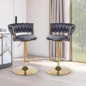 Creative Bar/Kitchen Chairs 360 Degree Rotatable Swivel Elegant Classy & Comfortable Chair with Golden Base and Velvet Fabric (Pack of 2) (Grey)