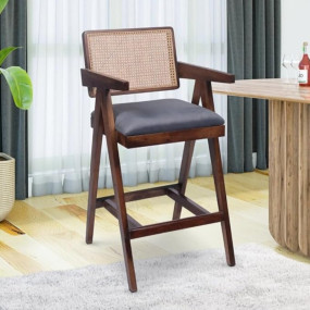 Cane Bar Chair with Cushioned Seat, Wooden Frame, Dark Brown (Style 3)