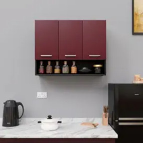 Spyder Home Decore Engineered Wood Wall Mounted 3 Door Matte Finish Blitz Multipurpose Cabinet for Kitchen, Office|Cabinet for Kitchen |Living Room| Color- Black and Burgundy| Assembly(Do-It-Yourself)