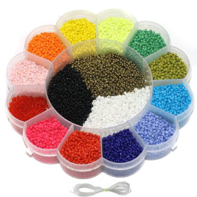 Beadsnfashion Glass Seed Beads Neon & Opaque DIY Kit with Beads Storage Box with 12 Mtrs Nylon Thread for Jewellery Making, Beading, Arts & Embroidery 15 Colors Size: 2mm