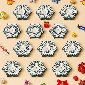 eCraftIndia Wooden Floral Printing Block Decorative Tea Light Candle Holders (Set of 12, Green)| Christmas Diwali Decoration Items for Home Office| Christmas Gifts for Women Men Family Friend