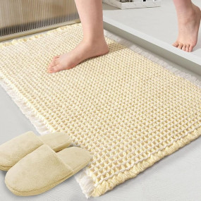 HomeCloud Waffle Bath Mat, Super Absorbent Non Slip Bath Mats for Bathroom Floor, Machine Washable Bathroom Rugs with Tassels,Bathroom Mats,Ultra Soft (Cream)