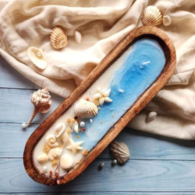 Happishades Handcrafted Wooden Bowl Candle (Fresh & Mystic Fragrance) - 4 Wicked Beach Theme | Decorative Seashell, Blue and White Coastal Theme Candles | Home Decor, Gifting, Table Show Piece (1)