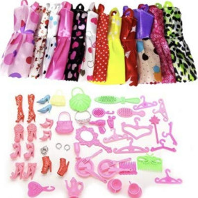 iDream Doll Accessories Set - 10 Cotton Doll Dresses & 50 Stylish Accessories for Imaginative Play - Perfect for Kids' Doll Wardrobes and Creative Adventures, Great Gift for Girls