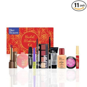 Blue Heaven All-In-One Bridal Makeup Kit for women | Pack of 11 | Primer, Foundation, Compact Powder, Eyebrow Definer, Eyeliner, Kajal, Mascara, Eyeshadow, Lipstick, Sindoor & Blush