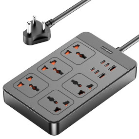 Ambrane Extension Board, 4 Type C, 2 USB, 5 International Power Sockets, 2500W Output, Long Cable, Wall Mount Option, Supports Laptop Charging for Office, Home Appliances (SmartStrip 2 Pro, Black)