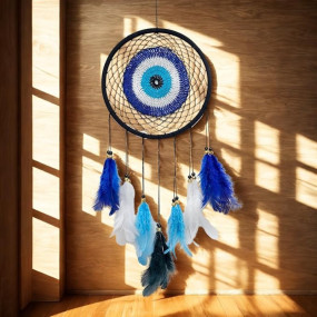 THE URBAN ARTISTIC Wood Evil Eye Dream Catcher Wall Hanging For Positive Energy And Protection Size-18X1X35Cm (Blue)
