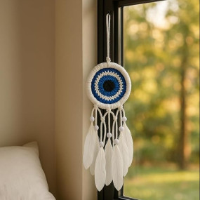 ThincAmaxe Handmade 3 Inch White and Blue Dream Catcher– Boho Wall Hanging Decor with Feathers & Pearls – Spiritual Protection Ornament for Bedroom, Nursery, or Living Room