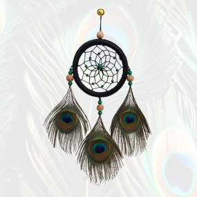 THE URBAN CRAFTIQUE Handcrafted Peacock Feather Dream Catcher, Green with Beads, Wall Hanging Decor for Car, Bedroom and Living Room(Black)