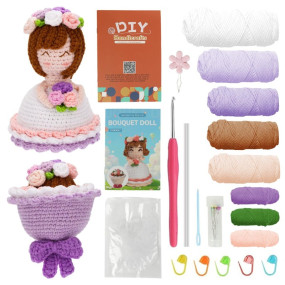 PATPAT® DIY Stuffed Crochet Doll Craft Kit, Set of 2Pcs Little Bride Crochets Doll & Purple Bouquet Crochet Kit DIY Bag Charm Gift Keyring Charm, with Yarn, Tools & Step by Step Video Instruction