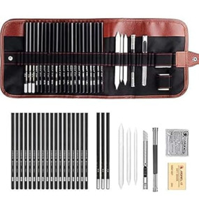 Jashgop Sketching Pencil Set, Professional Drawing Pencils And Sketch Kit Includes Graphite Pencils, Charcoal Pencils, Paper Erasable Pen, Craft Knife 29Pcs Total For Beginners Artist.
