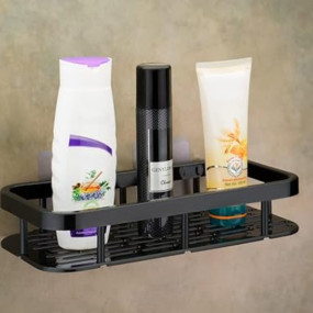 Bathroom Wall Mount Shelf, Black Plastic, No-Drill Installation, 15 cm Depth, Rectangular