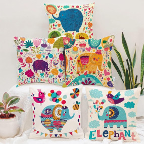 STITCHNEST Set of 5 Polycotton Cushion Covers – 16x16 Inches – Multicolor Elephant & Jungle Print – Playful Cushion Covers for Kids Room, Sofa & Living Room Decor