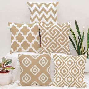 STITCHNEST Set of 5 Polycotton Cushion Covers – 16x16 Inches – Beige & White Ikat Geometric Print – Elegant Cushion Covers for Sofa & Living Room Decor