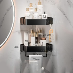 MONJAY Self-Adhesive Aluminium Bathroom Corner Shelf Rack Bathroom Corner Organizer Stand Bathroom Organisers Storage Racks Bathroom Shelf/Shelves Corner (King)(2 Shelf)