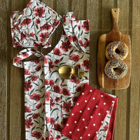 Oak & Lily Combo Set of Kitchen Linen Essentials. Brighten your kitchen with Red Poppy Apron, Pot Holders & Set of 3 Printed Kitchen Napkins in 100% Cotton Premium European Quality