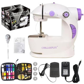 CHILLAXPLUS Stitching Machine - Portable Sewing Machine for Home Use with with 12 Thread Sewing Kit and Foot Pedal, Mini Silai Machine - Compact Tailoring Tool – White