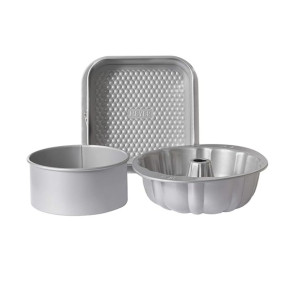 Meyer Bakemaster Non-Stick 3-Piece Bakeware Set - 23cm Square Springform Cake tin + 25cm Fluted Mould + 20cm Loose Base Cake tin