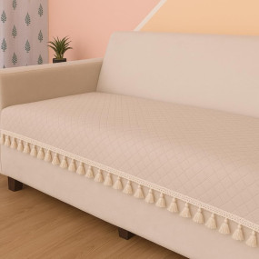 STITCHNEST 3 Seater Quilted Velvet Sofa Cover with Tassels | Elegant Beige Sofa Protector for Living Room | Soft, Washable | Perfect for Enhancing Living Room Interiors