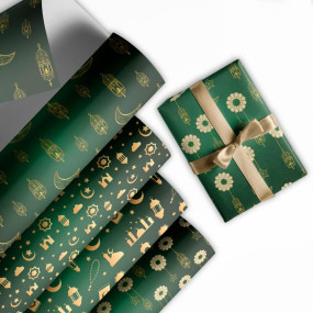 Festiko® Set of 12 Pcs Wrapping Papers for Ramadan/Eid (Green & Golden), Gift Wrapping Paper, Eid Party Supplies