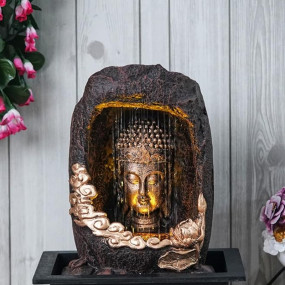 CHRONIKLE Polyresin Tabletop Gold Brown Meditating Buddha Sitting in Cave Style Indoor Front Curtain Waterfall Fountain for Home Decor with LED Light, Speed Controller Pump (Size: 40 x 22 x 29.5CM)