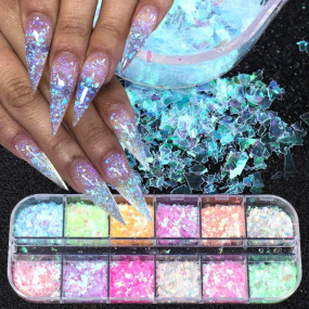 INOG 12 Grids Mermaid Flake Nail Glitter Sequins, CHANGAR Iridescent Ice Slag Nail Glitter Colorful Fluorescent Glass Paper Nail Sticker Holographic Nail Glitter for Make Up DIY Nail Decoration
