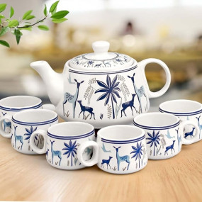 The Earth Store Handcrafted Ceramic Stag Blue Tea Cup Set with Kettle Microwave and Dishwasher Safe 6 Tea Cups & 1 Kettle | Tea Pot Set | Morning Set