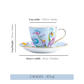 GOLDEN QUEEN'S Cup & Saucer Set | Perfect for Hosting & for Tea/Coffee Lovers | Handcrafted in India, Inspired by Florals & 24-Carat Gold Rim | 6 Cups & 6 Saucers |170 ml - Blue Floral Songbird