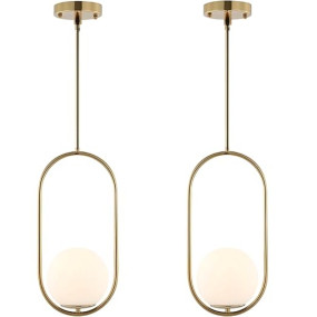 Desidiya Modern Pendant Light, Oval Globe Glass Shade with Brushed Brass Frame, E26 Base, Kitchen Bedroom Lighting Set, Pack of 2 Ceiling Hanging Lighting Fixture for Dining Room