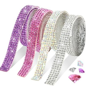 CoolShef 4 Rolls Self-Adhesive Rhinestone Ribbon Tape– Glitter Resin Diamond Strips, Bling Rhinestone Stickers for DIY Art Crafts, Fabric, Wedding, Party and Home Decoration