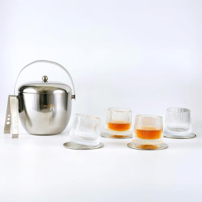 Car-O-Bar Mirror Finish Stainless Steel Premium Design Ice Bucket for Bar & Home | Set of 4 Whiskey Glasses for a Home Bar Setup for Rakhi