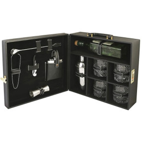 Anything & Everything Portable Bar Set | Portable Leatherette Bar Set | Wine Case | Whisky Case | Portable Bar Accessories Set (Holds 01 Bottle & 04 Whisky Glasses) (Black & Black)