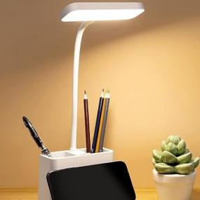 FLYNGO Plastic 3 Color Mode Led Study Table Desk Lamp For Students With Pen & Phone Holder, Rechargeable Touch On/Off Studying (204White)