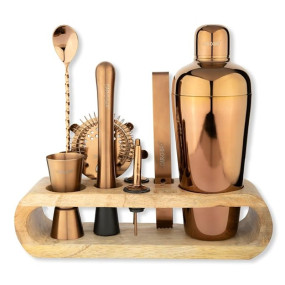 Car-O-Bar Copper Gold Bar Set with Stand | 10 Piece Bartender Kit :Cocktail Shaker, Bar Spoon, Jigger, Muddler, Strainer, Wine & Beer Bottle Opener, 2 Pour Spouts, Tong, Wooden Stand (Copper Gold)