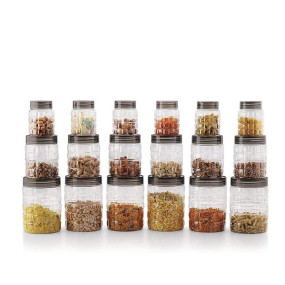 CELLO Checkers PET Canister Set of 18 (300ml x 6, 650ml x 6, 1200 x 6), Transparent| Food grade | Stackable | For Grains, Pulses, Spice, Cereals, Cookies, Dry Fruits | Fridge Storage Container