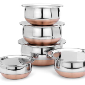 LiMETRO STEEL Set Of 5 Copper Bottom Stainless Steel Handi Set/Cookware Set With Lid (Capacity : 0.5 Ltr, 0.75 Ltr,, 2000 , 1000 , 1500 , 500 , 750 Ml, 2000 , 1000 , 1500 , 500 , 750 Ml)