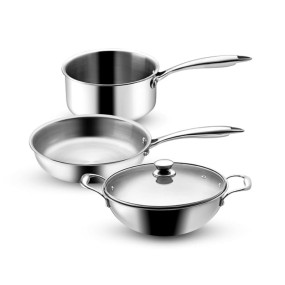 Vaya Hautechef Triply Stainless Steel Cookware Set, 4-Piece – Frypan 24cm, Kadai 26cm with Glass Lid, Saucepan 18cm, Induction & Gas Compatible, Durable Kitchen Utensils for Indian Cooking