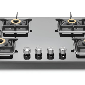 Sujata Premium Gas Stove | 9 Years Warranty | 4 Burner Gas Stove Glass Top, SABAF, ISI Certified, LPG & PNG Compatible, 360° Rotating Brass Gas Nozzle, Jumbo Brass Burner (Black)