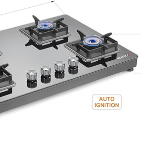 Sujata Premium Gas Stove Auto Ignition | 9 Years Warranty | Gas Stove 4 Burners Glass Top, SABAF, ISI Certified, LPG & PNG Compatible, 360° Rotating Brass Gas Nozzle, Jumbo Brass Burner (Black)