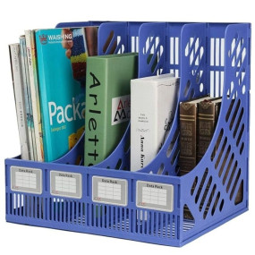 Pranij Desktop Bookshelf Magazine Organizer 4 Compartment Plastic Frames File Holder Dividers Document Cabinet Rack Storage Box For Office Home School (Blue) - Tabletop, Step Shelf