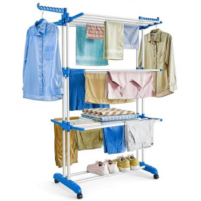 ABOUT SPACE 6 ft Clothes Drying Stand - 3 Layer Foldable Cloth Dryer Stand, Portable with Castor Wheels, 24 Hanger Rods & 2 Wings - Anti Rust Steel Double Pole (Blue - L 75 x B 50 x H 168 cm)