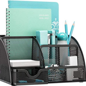 MeRaYo Metal Mesh Pen and Pencil Stationary Storage Tidy Desk Organizer Box with 6 Compartment for Home and Office Accessories (Black color)