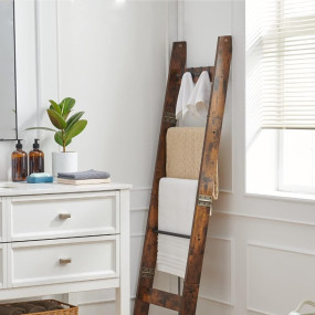 Wooden Grove 5-Tier Wooden Blanket Ladder – Rustic Brown Quilt Rack with 4 Removable Hooks, Decorative Ladder Shelf Organizer for Living Room & Bedroom (Brown, 5 Tier)