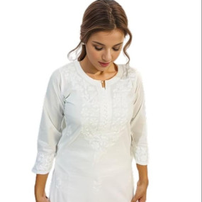 Embroidered Chikankari White Cotton Kurti