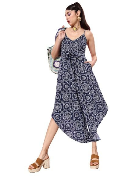 KASSUALLY jumpsuits for women Blue Rayon Printed Strappy Jumpsuit