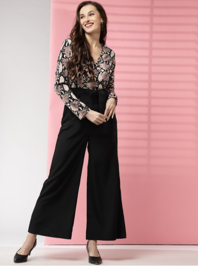 KASSUALLY Women Black & Pink Printed Basic Jumpsuit