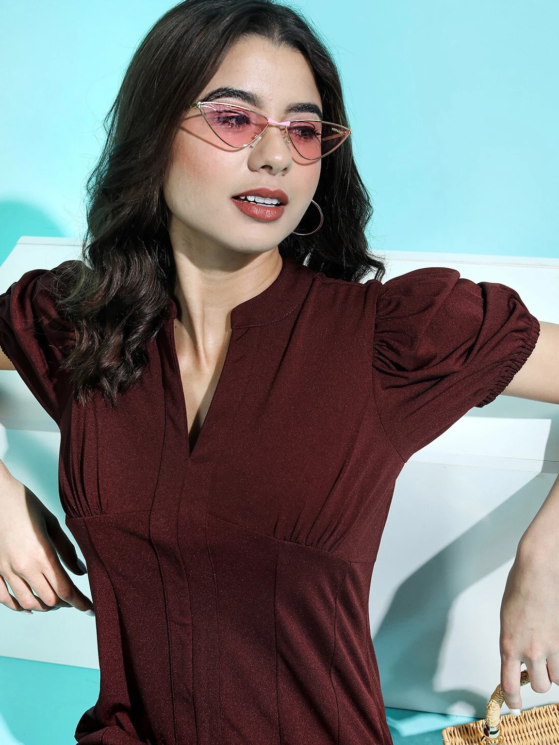 Tokyo Talkies Women Ribbed Maroon Above Knee/Mid Thigh Length Dress