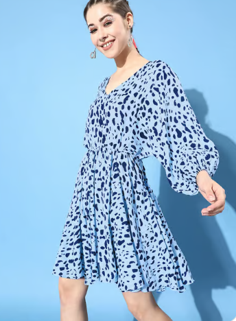 Blue Printed Fit & Flare Dress